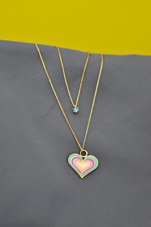 925 Gümüş Altın Kaplama Mineli Kalp Ve Tektaş Asansör Kolye