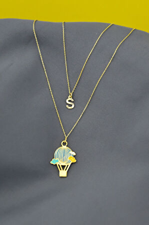 925 Gümüş Altın Kaplama Mineli Uçan Balon Ve S Harf Asansör Kolye