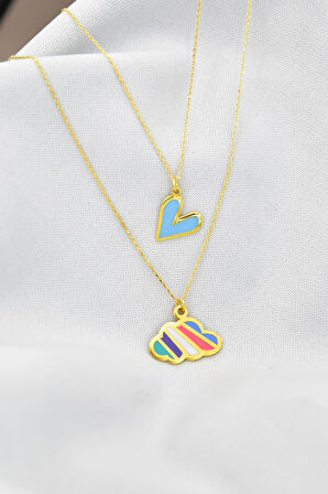 925 Gümüş Altın Kaplama Mineli Bulut Ve Kalp Asansör Kolye