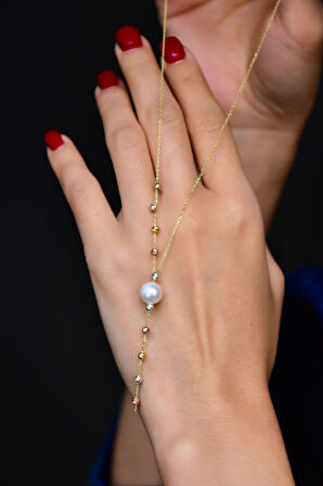 925 Ayar Gümüş Üç Renk Dorika Toplu Incili Kadın Kolye