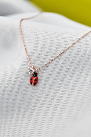 925 Ayar Gümüş Rose Kaplama Tektaş Uğur Böceği Kolye