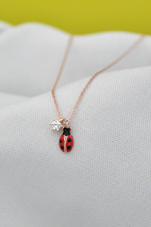 925 Ayar Gümüş Rose Kaplama Tektaş Uğur Böceği Kolye