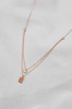 925 Ayar Gümüş Rose Kaplama Tektaş Ve Mineli E Harf Asansör Kolye