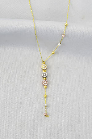 925 Ayar Gümüş Üç Renk Dorika Toplu Üç Sıra Tektaş Kadın Kolye