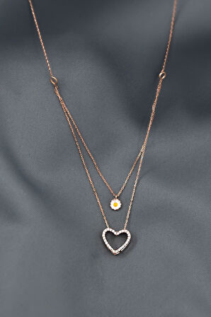 925 Ayar Gümüş Rose Kaplama Kalp Ve Papatya Asansör Kadın Kolye