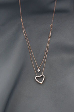 925 Ayar Gümüş Rose Kaplama Tektaş Ve Kalp Asansör Kadın Kolye