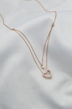 925 Ayar Gümüş Rose Kaplama Tektaş Ve Kalp Asansör Kadın Kolye