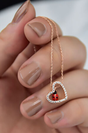 925 Ayar Gümüş Rose Kaplama Uğur Böcekli Kalp Kolye