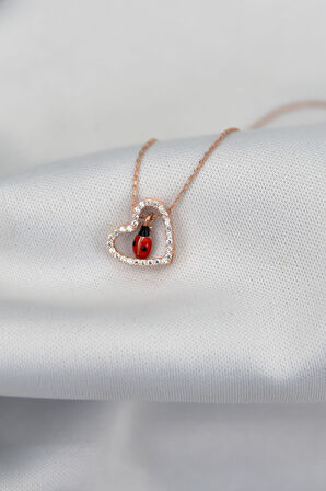 925 Ayar Gümüş Rose Kaplama Uğur Böcekli Kalp Kolye