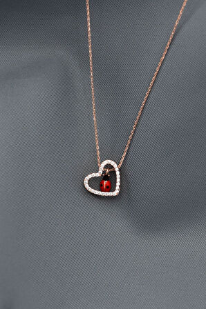 925 Ayar Gümüş Rose Kaplama Uğur Böcekli Kalp Kolye