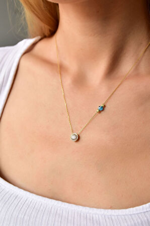 925 Ayar Gümüş Altın Kaplama Dorika Toplu Gözlü Tektaş Kolye