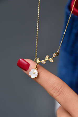 925 Ayar Gümüş Gold Kaplama Manolya Sedef Çiçek Kolye Uvps102112