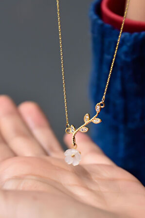 925 Ayar Gümüş Gold Kaplama Manolya Sedef Çiçek Kolye Uvps102112