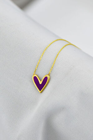 925 Ayar Gümüş Altın Kaplama Mor Oval Mineli Kalp Kolye