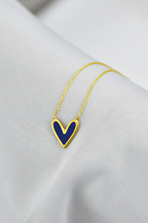 925 Ayar Gümüş Altın Kaplama Lacivert Oval Mineli Kalp Kolye