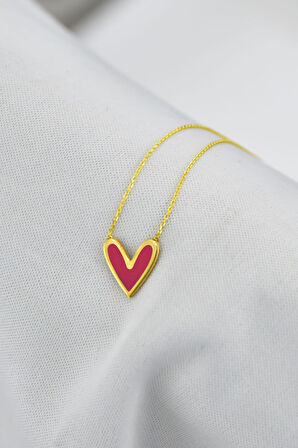 925 Ayar Gümüş Altın Kaplama Pembe Oval Mineli Kalp Kolye