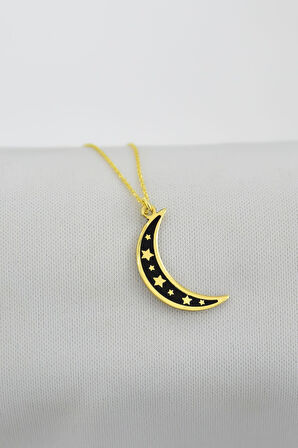 925 Ayar Gümüş Altın Kaplama Siyah Mineli Yıldızlı Ay Kolye