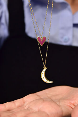 925 Ayar Gümüş Mineli Turuncu Kalp Beyaz Ay Asansör Kolye