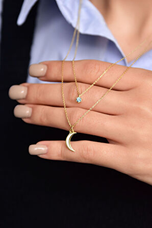 925 Ayar Gümüş Altın Kaplama Tektaş Beyaz Ay Asansör Kolye