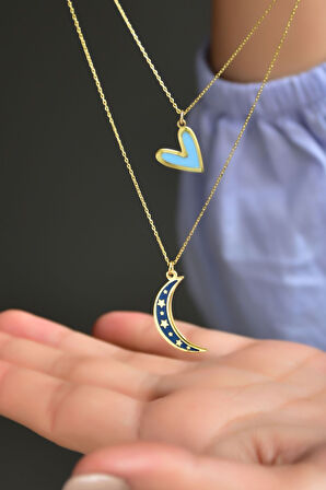 925 Ayar Gümüş Mineli Mavi Kalp Lacivert Ay Asansör Kolye