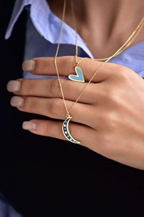 925 Ayar Gümüş Mineli Mavi Kalp Lacivert Ay Asansör Kolye