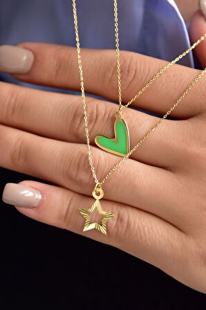 925 Ayar Gümüş Mineli Yeşil Kalp Yıldız Asansör Kolye