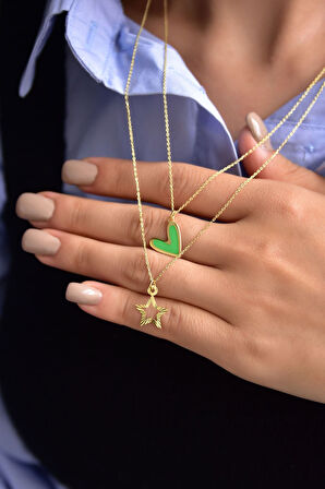 925 Ayar Gümüş Mineli Yeşil Kalp Yıldız Asansör Kolye