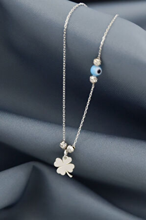 925 Ayar Gümüş Dorika Toplu Nazar Gözlü Yonca Kolye Rodyum Kaplama