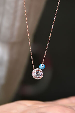 925 Ayar Gümüş Rose Kaplama Nazar Gözlü Tektaş Kadın Kolye