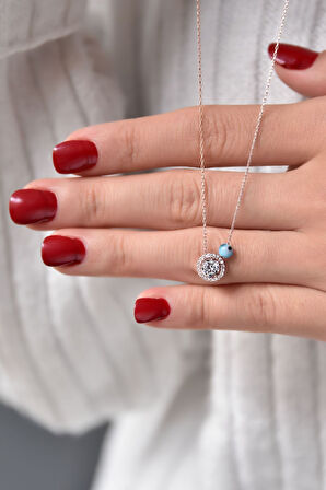 925 Ayar Gümüş Rose Kaplama Nazar Gözlü Tektaş Kadın Kolye