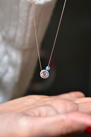 925 Ayar Gümüş Rose Kaplama Nazar Gözlü Tektaş Kadın Kolye