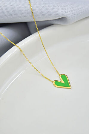 925 Ayar Gümüş Altın Kaplama Yeşil Mineli Kalp Kolye