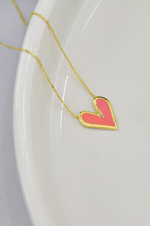 925 Ayar Gümüş Altın Kaplama Pembe Mineli Kalp Kolye