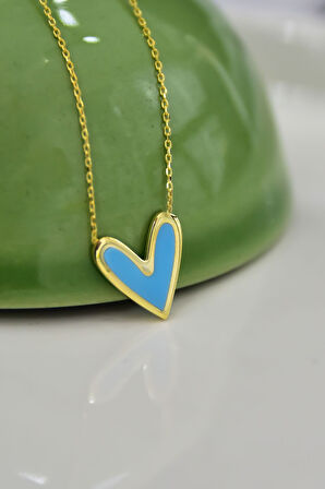 925 Ayar Gümüş Altın Kaplama Mavi Mineli Kalp Kolye