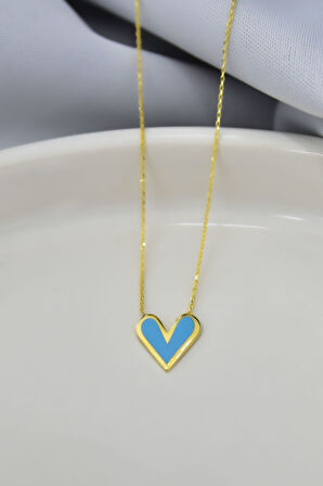 925 Ayar Gümüş Altın Kaplama Mavi Mineli Kalp Kolye