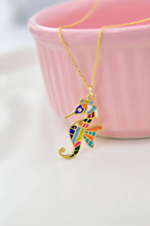 925 Ayar Gümüş Altın Kapla Renkli Mineli Denizatı Kolye