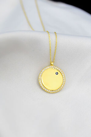 925 Ayar Gümüş Altın Kaplama Taşlı Gözlü Plaka Kolye