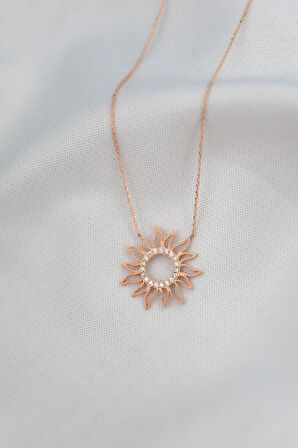 925 Ayar Gümüş Rose Kaplama Taşlı Güneş Kolye