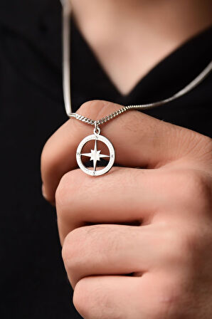 925 Ayar Gümüş Rodyum Kaplama Gurmet Zincirli Pusula Kolye 60 Cm