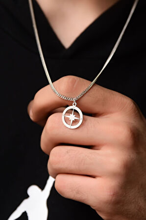 925 Ayar Gümüş Rodyum Kaplama Gurmet Zincirli Pusula Kolye 60 Cm