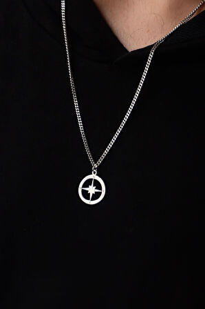 925 Ayar Gümüş Rodyum Kaplama Gurmet Zincirli Pusula Kolye 60 Cm