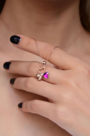 925 Ayar Gümüş Rose Kaplama Renk Geçişli Üç Kalp Tasarım Kolye