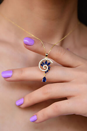 925 Ayar Gümüş Altın Kaplama Mavi Taşlı Girdap Tasarım Kolye