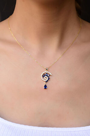 925 Ayar Gümüş Altın Kaplama Mavi Taşlı Girdap Tasarım Kolye