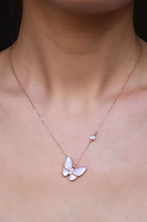 925 Ayar Gümüş Rose Kaplama Sedef Kelebek Kolye