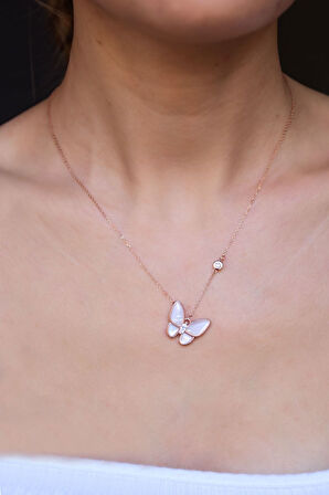 925 Ayar Gümüş Rose Kaplama Sedef Kelebek Kolye