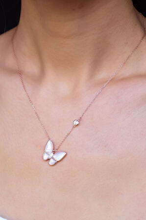 925 Ayar Gümüş Rose Kaplama Sedef Kelebek Kolye