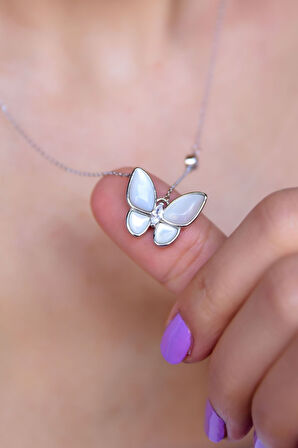 925 Ayar Gümüş Rodyum Kaplama Sedef Kelebek Kolye