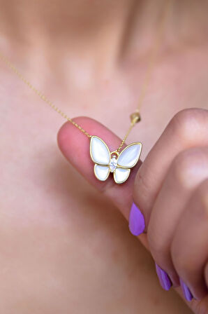 925 Ayar Gümüş Altın Kaplama Sedef Kelebek Kolye