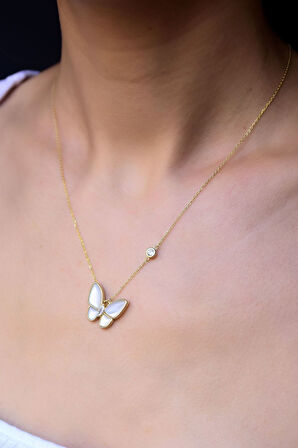 925 Ayar Gümüş Altın Kaplama Sedef Kelebek Kolye